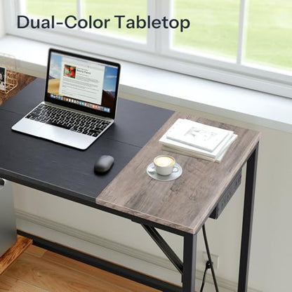 HOOBRO Small Computer Desk, 35.4 Inch Home Office Desk with Power Outlet, Writing Desk with 2 Shelves, Modern Small Desk for Home Office, Study, Easy to Assemble, Charcoal Gray and Black BG43UDN01 - color: Charcoal Gray + Black
