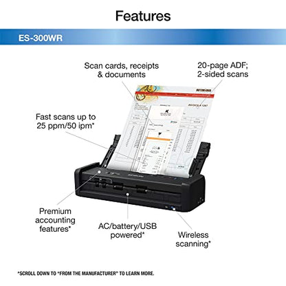 Epson ES-300WR Wireless Color Portable Duplex Document Scanner Accounting Edition for PC and Mac Auto Doc Feeder (ADF)
