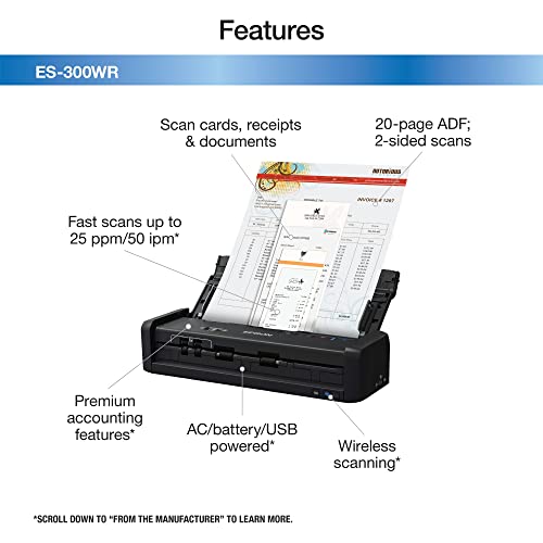 Epson ES-300WR Wireless Color Portable Duplex Document Scanner Accounting Edition for PC and Mac Auto Doc Feeder (ADF)