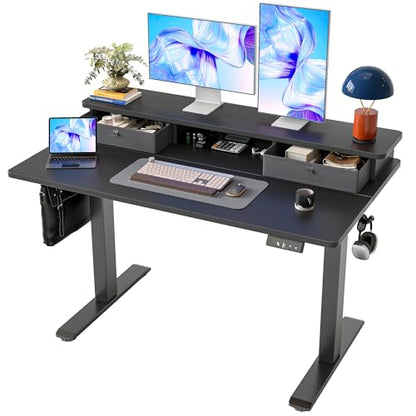 TIQLAB Standing Desk with Two Drawers, Stand Up Standing Desk Adjustable Height, Electric Sit Stand Table with Storage Shelf and Splice Board, 48 * 24 inch, Black - color: Black, size: 47*24 inch without keyboard tray