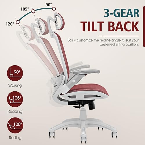 GABRYLLY Ergonomic Office Chair, High Back Home Desk Chair with 2D Flip-Up Arms, 3D Headrest, 90-120° Tilt and Wide Cushion, Big and Tall Mesh Chairs for Man Woman, Computer Task Chair Red - color: White Frame Red Mesh