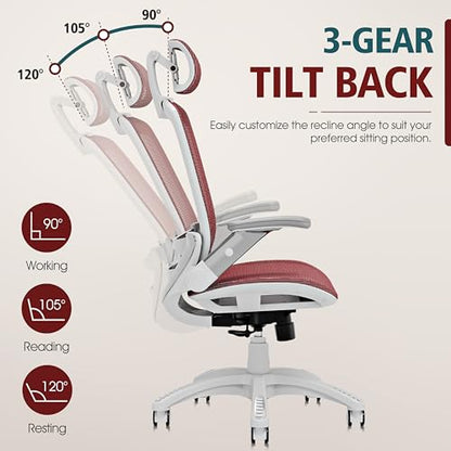 GABRYLLY Ergonomic Office Chair, High Back Home Desk Chair with 2D Flip-Up Arms, 3D Headrest, 90-120° Tilt and Wide Cushion, Big and Tall Mesh Chairs for Man Woman, Computer Task Chair Red - color: White Frame Red Mesh