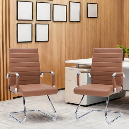 Sidnali Waiting Room Chairs, Office Guest Chair with Sled Base Mid Back for Reception Conference Room, Brown Set of 2