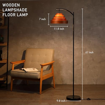 O’Bright Strata Wooden Floor Lamp - Mid Century Modern Standing Lamp with Layered Wood Shade, Tall Reading Lamp for Living Room, Bedroom, Office, Black, Dark Oak, Cascade Shade - color: Black-Dark Oak-Cascade