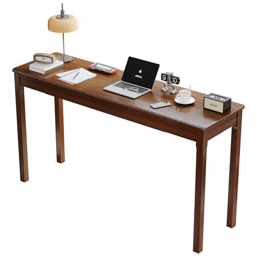 Solid Wood Desk with Drawers - 55 x 16 Inch Vintage Narrow Desks, Mid Century Modern Desks, Rubber Wood Study Table, Home Office Writing Desk for Bedroom|Small Spaces - Walnut Color - color: Walnut, size: 55.1 in W x 15.7 in D