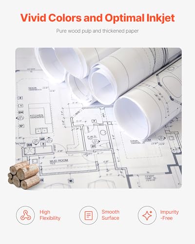 VEVOR Wide Format Paper, 24 in x 150 ft Plotter Roll, 2 Rolls CAD Bond Rolls with 2 in Core, 20 LB Bond Paper Rolls, Ideal for CAD Drawings, Engineering Plans, GIS Maps, and Architectural Designs - size: 24 in x 150 ft, style: 2 Rolls
