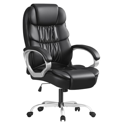 Furmax Leather High Back Office Chair Ergonomic Executive Office Chair Swivel Computer Desk Chair Lumbar Support Soft Cushioned Padded Arms (Black) - color: Black