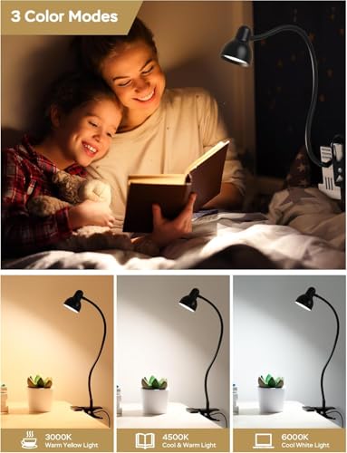 Clip on Light Reading Light for Bed 3 Color Modes Black | 10 Dimmable Brightness Eye Care Clamp Desk Lamp 360° Flexible Desk Book Light for Reading Bed Headboard Computer - color: Black