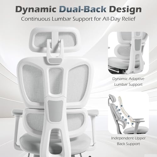 Ergonomic Office Chair with Footrest and Dynamic Lumbar Support, Grey | Reclining high-back computer chair, memory foam seat, 2D armrests, 2D headrest, mesh desk chair for home office, long hours - color: Light Grey