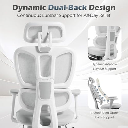 Ergonomic Office Chair with Footrest and Dynamic Lumbar Support, Grey | Reclining high-back computer chair, memory foam seat, 2D armrests, 2D headrest, mesh desk chair for home office, long hours - color: Light Grey