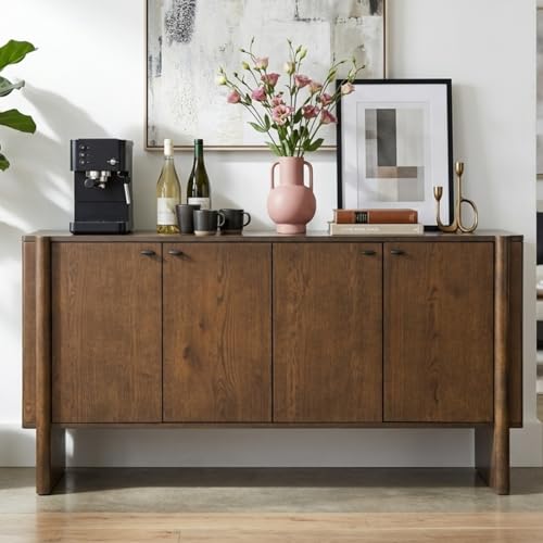 Ya-Home Modern Sideboard Buffet Cabinet with Storage, Accent Farmhouse Buffet Coffee Bar Cabinet with 4 Doors, Wooden Media Console Table Credenza for Living Room/Kitchen/Entryway, Brown - color: Brown