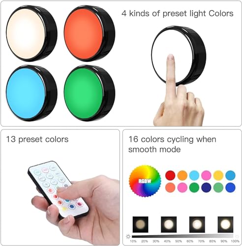 HELPLEX Puck Lights, 16 Colors Changeable Under Cabinet Lights Battery Powered Dimmable LED Puck lightings Under Counter Lights, with 2 Remote Controls, Timing Function, 18 AA Batteries - color: Black, size: 6 Pack With Battery