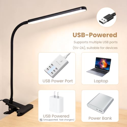 LED Desk Lamp with Clamp for Reading,Nail Art & Painting | 3 Color Modes,10 Brightness Dimmable,Clip Lamp for Easel,Salon Manicure,Reading and Nail Art & Painting - color: Black