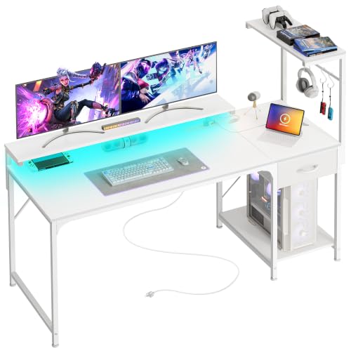 PRAISUN 55.1 Inch Gaming Desk with LED Lights & Power Outlets - color: White, size: 55.1 Inch