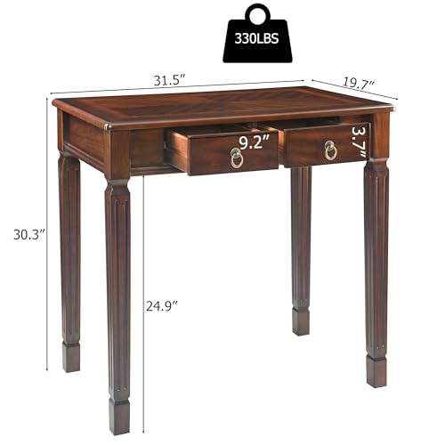 Wood Writing Desk with 2 Drawers, Small Vanity Desk, Cherry Walnut - size: 31.5"W