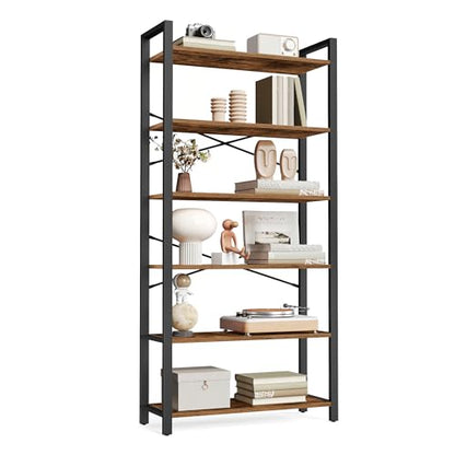 VASAGLE 6-Tier Bookshelf, Bookcase with Steel Frame, Book Shelf for Living Room, Home Office, Study, 11.8 x 26 x 73.2 Inches, Industrial Style, Rustic Brown and Ink Black ULLS062B01 - color: Rustic Brown + Ink Black, size: 6 Tiers (11.8"D x 26"W), style: