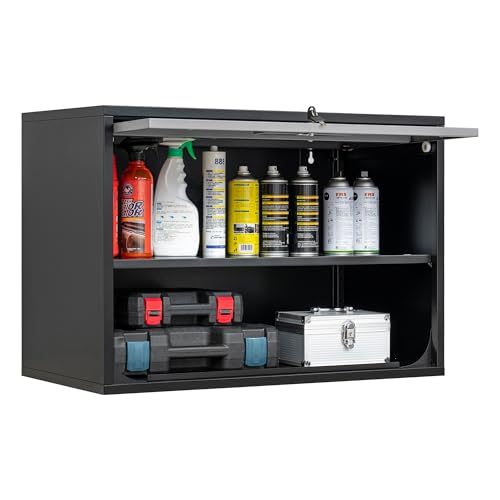 Fesbos Metal Storage Cabinet Black&Gray Wall Cabinets with Shelf and Locking Door - Wall Mounted Storage Cabinet for Garage Warehouse Home Office - Assembly Required - color: Black&gray, size: 15.7"D x 31.5"W x 21.6"H