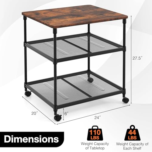 Giantex Printer Stand, 3-Tier Industrial Printer Cart with Lockable Wheels, Adjustable Shelves, Metal Frame, Mobile Under Desk Shelf for Home Office, Printer Table Fit Fax Machine, Scanner (Brown) - color: Brown, size: 24"x20"x27.5"