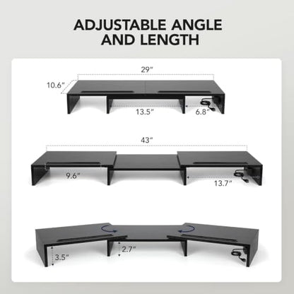 HUANUO Dual Monitor Stand with USB Ports, Adjustable Length & Angle, Black