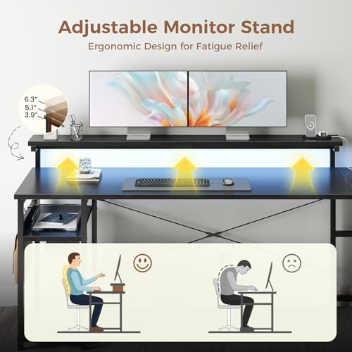 AODK 61 Inch L Shaped Computer Desk with 4 Drawers, LED Lights, Black - color: Black, size: 61 inches