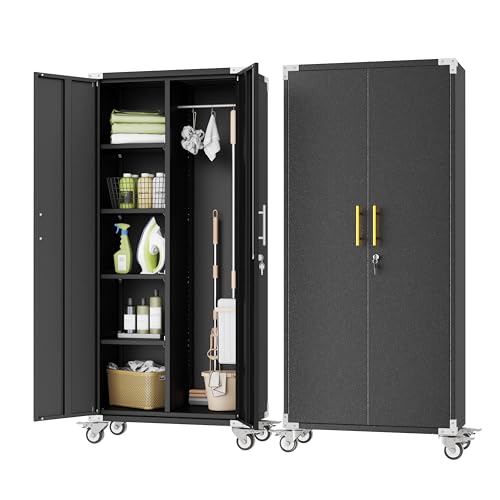 pozdeg 71" Black Rolling Lockable Metal Broom Closet Storage Cabinet | Built-in Hooks & Hanging Rods, Tall Freestanding Cleaning Tool Cabinet for Garage, Home & Office ﻿ - color: Black, size: 15.7"D x 31.5"W x 71"H
