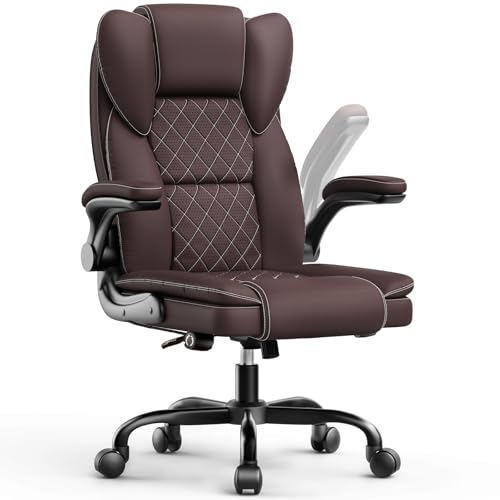 naspaluro Ergonomic Office Chair, Executive PU Leather Chair, Computer Desk Chair with Adjustable Lumbar Support Flip-up Arms, Executive Task Chair, Office Chairs for Home Office, Big and Tall, Brown - color: Brown