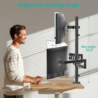 WALI Stacked 4 Monitor Mount for 49" UItrawides and Three 27" Monitors | Tall Quad Monitor Stand up to 44 lbs，Full Motion with Tilt, Swivel, C-Clamp & Grommet Base, VESA 75/100mm (M004S-P), Black - size: 13"-49", style: Quad
