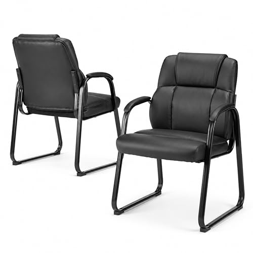 Simple Deluxe Leather Guest Chairs with Padded Arms & Sled Base - Set of 2 Stationary No Wheel Waiting Room Chair for Conference Reception Rooms, Lobby, Home Office Computer Desk, Bedroom, Black - size: Sled Base Leather Chairs 2 Pack