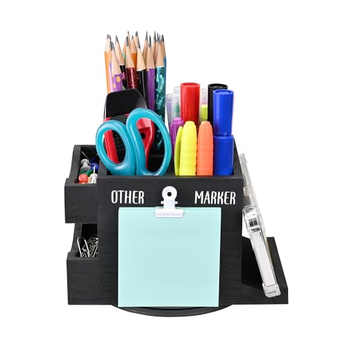 Ikee Design 360-degree Rotating Pen Holder | Rotating wood desktop organizer with 4 compartments stores pens, pencils, markers, phones and office supplies.