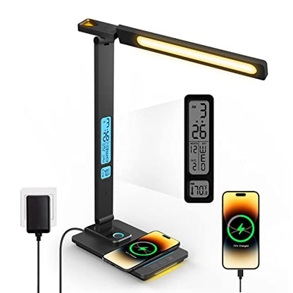 LAOPAO LED Desk Lamp with Wireless Charger: Desk Lamps for Home Office Bedroom, 5 Color Modes & Brightness Dimmable, 2 Night Light - color: Black2
