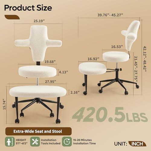 Extra Wide ADHD Cross Legged Office Chair, 360° Swivel Kneeling Meditation | Extra-wide cross-legged kneeling chair with reversible seat, 360° swivel, adjustable height—for ADHD, meditation & comfort - color: White