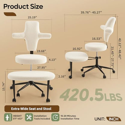 Extra Wide ADHD Cross Legged Office Chair, 360° Swivel Kneeling Meditation | Extra-wide cross-legged kneeling chair with reversible seat, 360° swivel, adjustable height—for ADHD, meditation & comfort - color: White