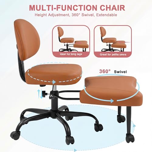 GUNJI Ergonomic Criss Cross Legged Office Chair, 360° Swivel Meditation Kneeling Chair with Wheels, ADHD Chair with Footrest, Lumbar Support, Wider Height Adjustable Seat (Brown, Faux Leather) - color: Brown