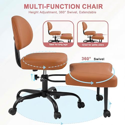 GUNJI Ergonomic Criss Cross Legged Office Chair, 360° Swivel Meditation Kneeling Chair with Wheels, ADHD Chair with Footrest, Lumbar Support, Wider Height Adjustable Seat (Brown, Faux Leather) - color: Brown