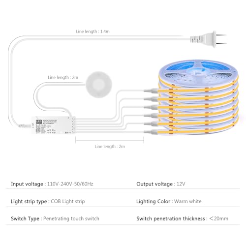 COB LED Strip Lights 12V Penetrable Wood Touch Dimmable - color: Warm White, size: 6.56Ft