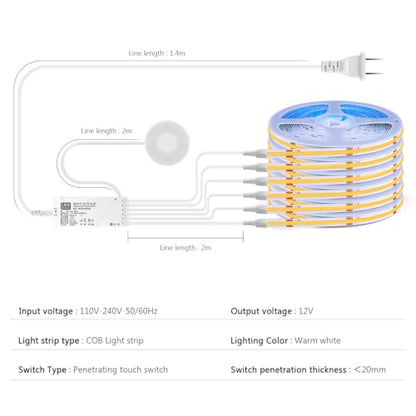 COB LED Strip Lights 12V Penetrable Wood Touch Dimmable - color: Warm White, size: 6.56Ft