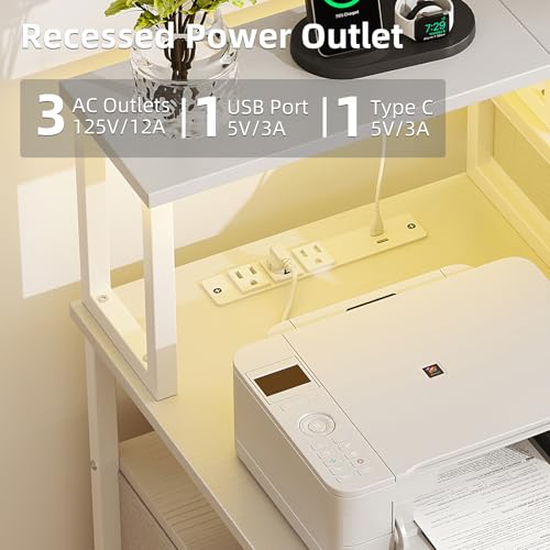 MUTUN 53" Computer Desk with 4 Drawers & Power Outlets, Reversible Home Office Desk with Monitor Stand & Printer Stand, Gaming Desk with Led Lights, Study Writing Work Desk Table for Bedroom (White) - color: White