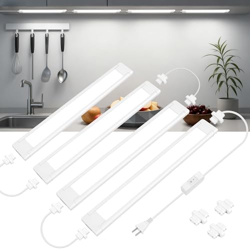 maylit 4 Pcs 14-Inch Linkable Plug-in Under Cabinet LED Light Bars | Ultra-Bright Cool White Wired Lighting for Kitchen Cabinets, Counters, Workbenches, Desks and Shelves - color: White, size: 4 Pack
