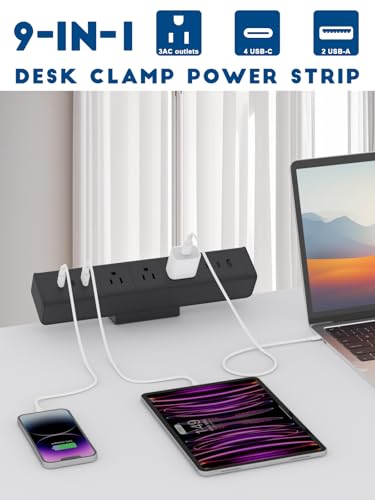 Desk Clamp Power Strip 4 USB-C&2USB-A,3 AC Outlet for Home&Office | Nightstand Charging Station,Desk Edge Mount Power Strip,6 FT flat plug,Black - color: 20W-6USB