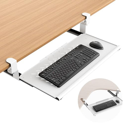 Keyboard Tray Under Desk - Full Metal Slide Out Holder, Rust-Resistant & Scratch-Proof, Double C-Clamps, 26x13" Tray for L Shape/Regular Desks, Standing/Sitting Workstation(White-A) - color: White