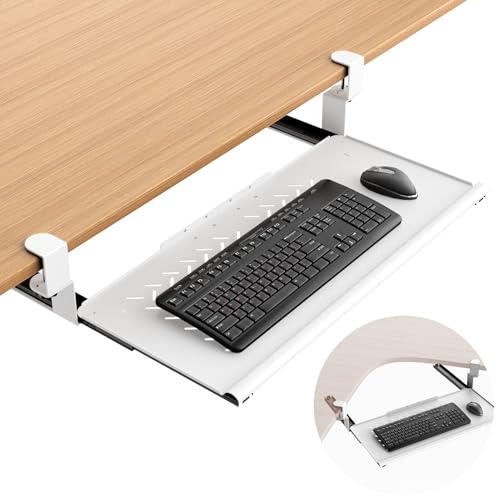 Keyboard Tray Under Desk - Full Metal Slide Out Holder, Rust-Resistant & Scratch-Proof, Double C-Clamps, 26x13" Tray for L Shape/Regular Desks, Standing/Sitting Workstation(White-A) - color: White