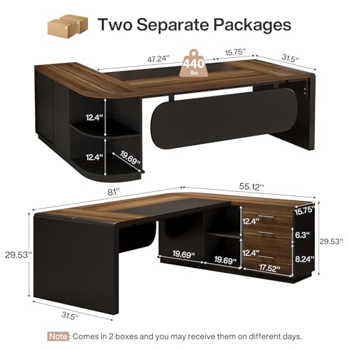 Tribesigns 81-Inch L-Shaped Office Desk, Large Commercial Office Desk with Drawers and File Cabinet, Modern Professional Business Furniture Workstations with Storage Shelves, Brown & Black - color: Brown & Black