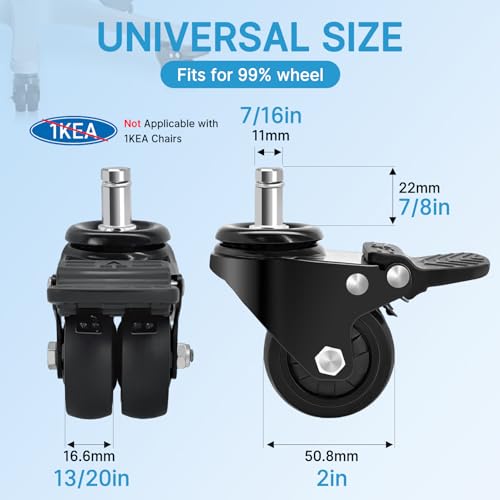 Nefish Office Chair Caster Wheels with Brake, 11mm, 2 Inch Heavy Duty Rubber Office Chair Wheel Replacement, Support 750lbs(Set of 5), Quiet Desk Chair Rollers, Safe for All Floors, Universal Fit - size: 11mm（With Brake）