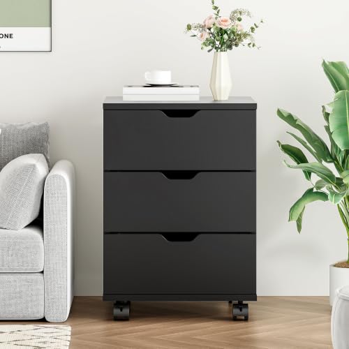 Farini 3-Drawer Under Desk Wooden File Storage Cabinet with Lockable Caster for Home Office,Black,Fully Assembly - color: Black, style: Fully Assembly