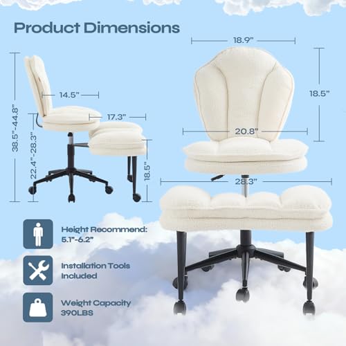 ADHD Cross Legged Office Chair, Swivel Kneeling Meditation Seat | 360° swivel cross-legged chair with reversible seat for ADHD & meditation; adjustable height/depth, plush teddy - color: Off White