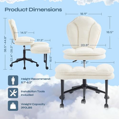 ADHD Cross Legged Office Chair, Swivel Kneeling Meditation Seat | 360° swivel cross-legged chair with reversible seat for ADHD & meditation; adjustable height/depth, plush teddy - color: Off White
