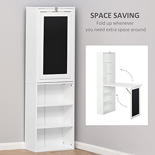 White Wall Mounted Folding Desk, Wood Compact Desk for Small Spaces | Hidden Computer Desk with Bookshelf & Storage, Foldable Murphy/Writing Table with A Blackboard for Bedroom Apartment - color: White.