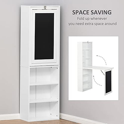White Wall Mounted Folding Desk, Wood Compact Desk for Small Spaces | Hidden Computer Desk with Bookshelf & Storage, Foldable Murphy/Writing Table with A Blackboard for Bedroom Apartment - color: White.
