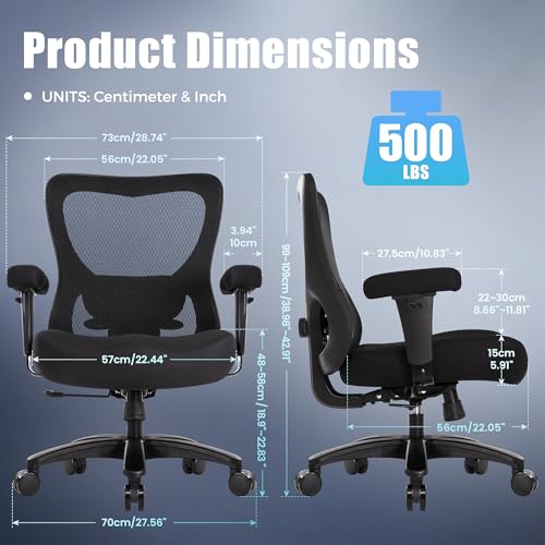 Big and Tall Office Desk Chair 500lbs,Ergonomic Heavy Duty Mesh Desk Chair | Executive Swivel Task Computer Chairs with Adjustable Lumbar Support and Armrests for Home Office (Black)