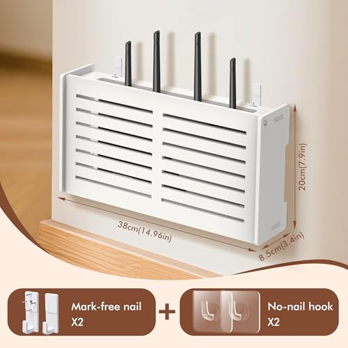 Router Shelf Wall Mount WiFi Router Box Hider Modem Cover with Cable Management Power Strip Organizer Storage Box Multiple Cable Holes (White)